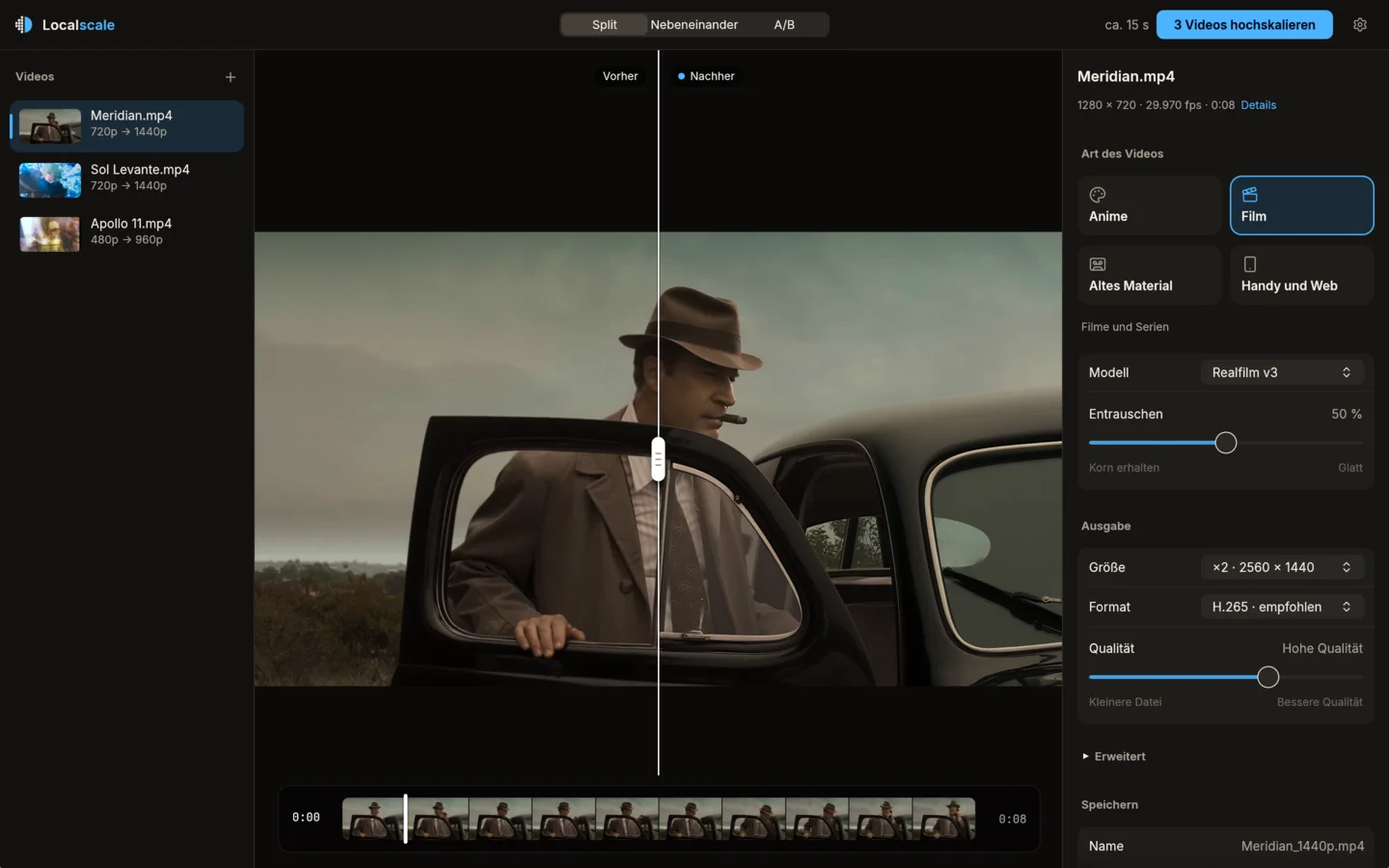 Das Fenster von Localscale: links drei Videos, in der Mitte eine Szene aus Meridian im Vorher/Nachher-Split, rechts die Art des Videos (Film), das Entrauschen und die Ausgabe.