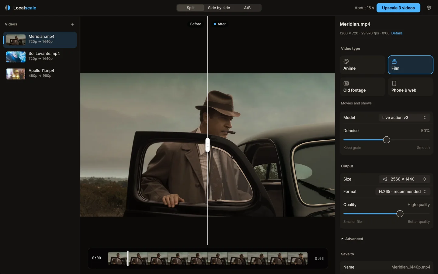 The Localscale window: three videos on the left, a scene from Meridian in a before/after split in the middle, and on the right the video type (Film), denoising and output.